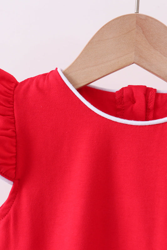 Red flutter sleeve scalloped top