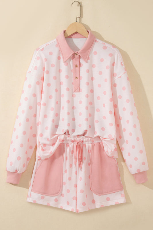 Pink Polka Dot Drop Shoulder Polo Loose Pullover Patch Pocket Casual Shorts Set
