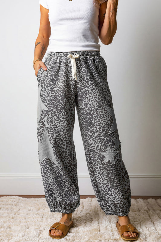 Gray Leopard Print Star Patched Drawstring Elastic Waist Jogger Pants