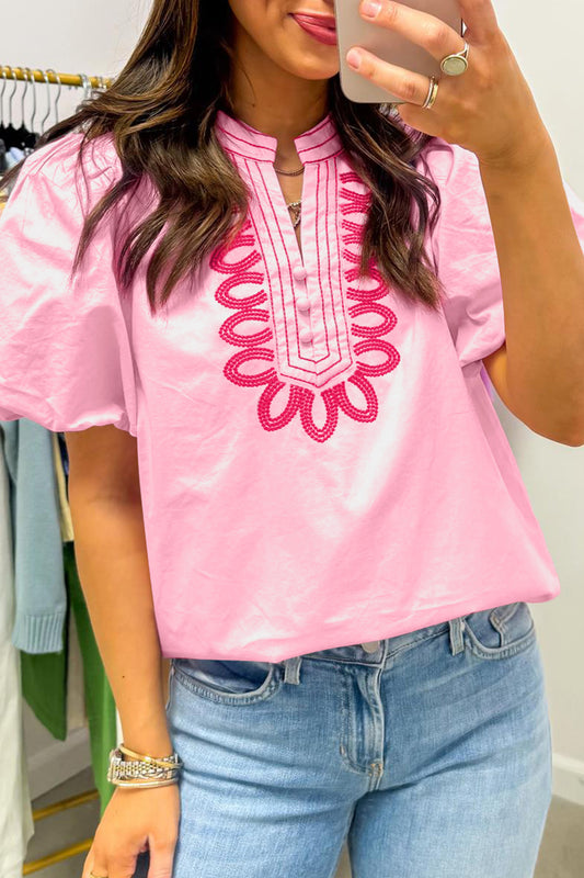 Pink Boho Embroidered Detail Puff Sleeve Cotton Blouse