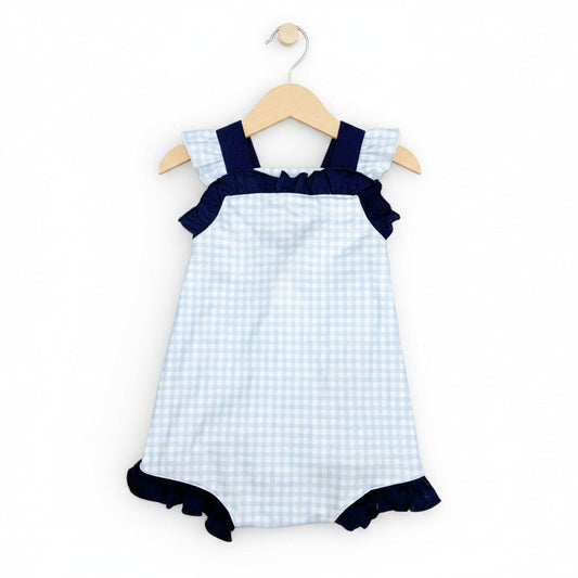 Classic Navy Gingham Bow and Button Romper