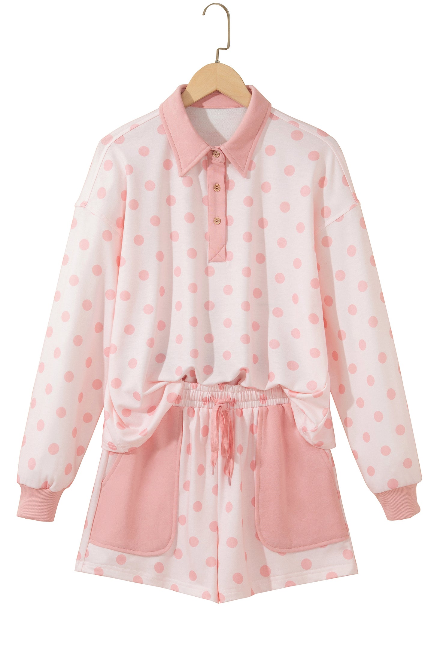 Pink Polka Dot Drop Shoulder Polo Loose Pullover Patch Pocket Casual Shorts Set