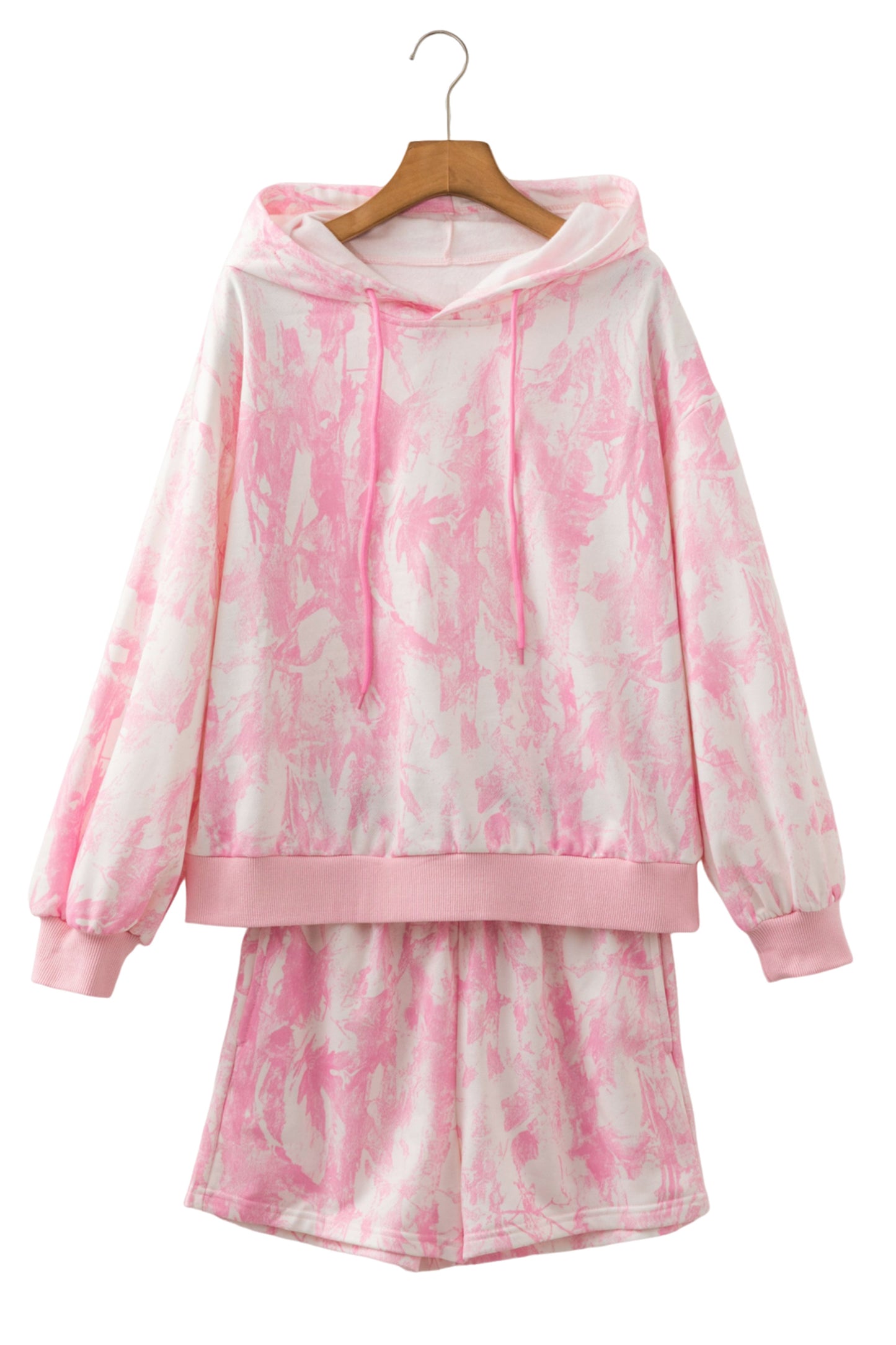 Pink Abstract Print Loose Hoodie Slim Shorts 2pcs Set