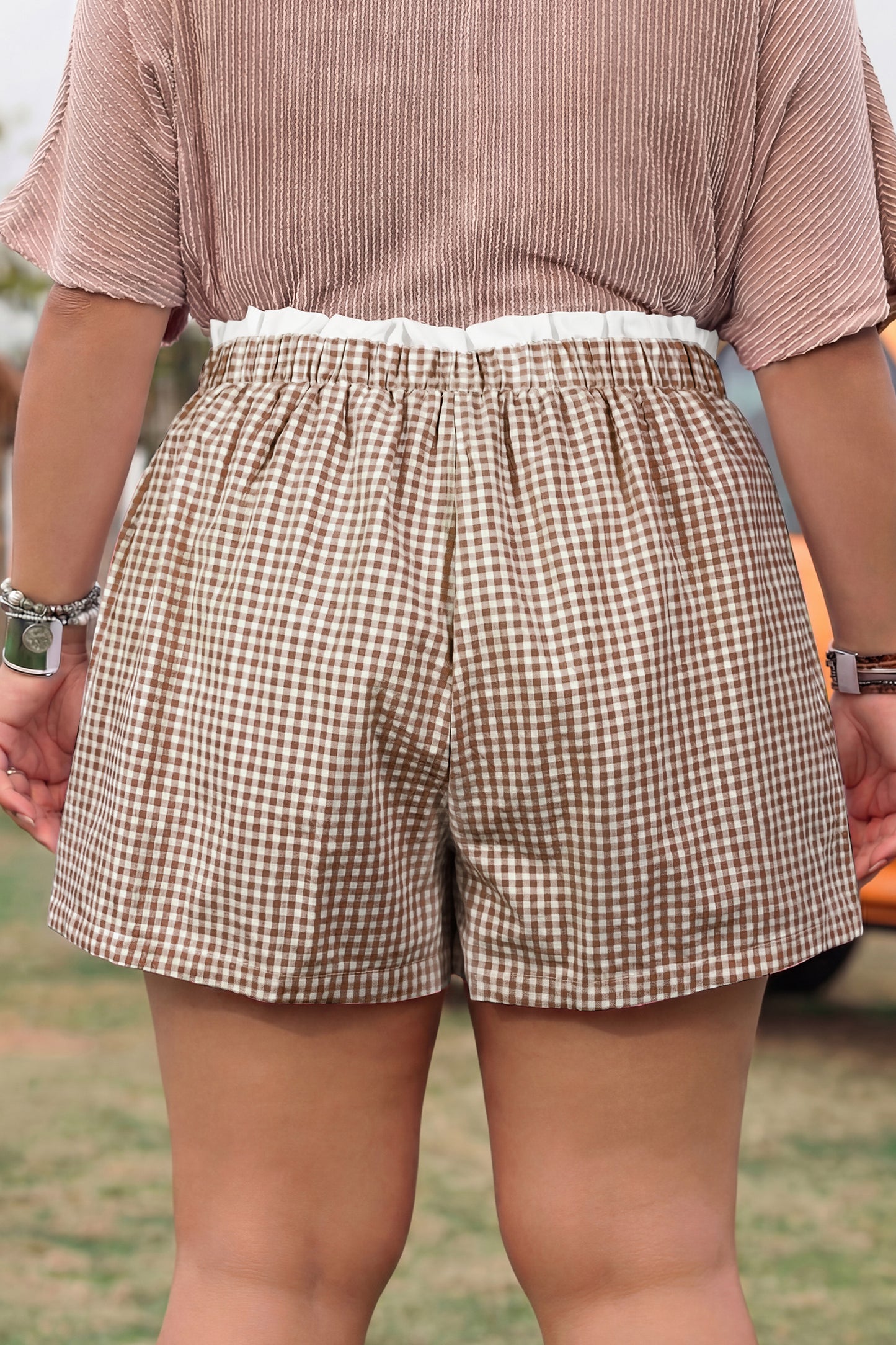 Pink Contrast Trim Plaid Print Plus Size Shorts