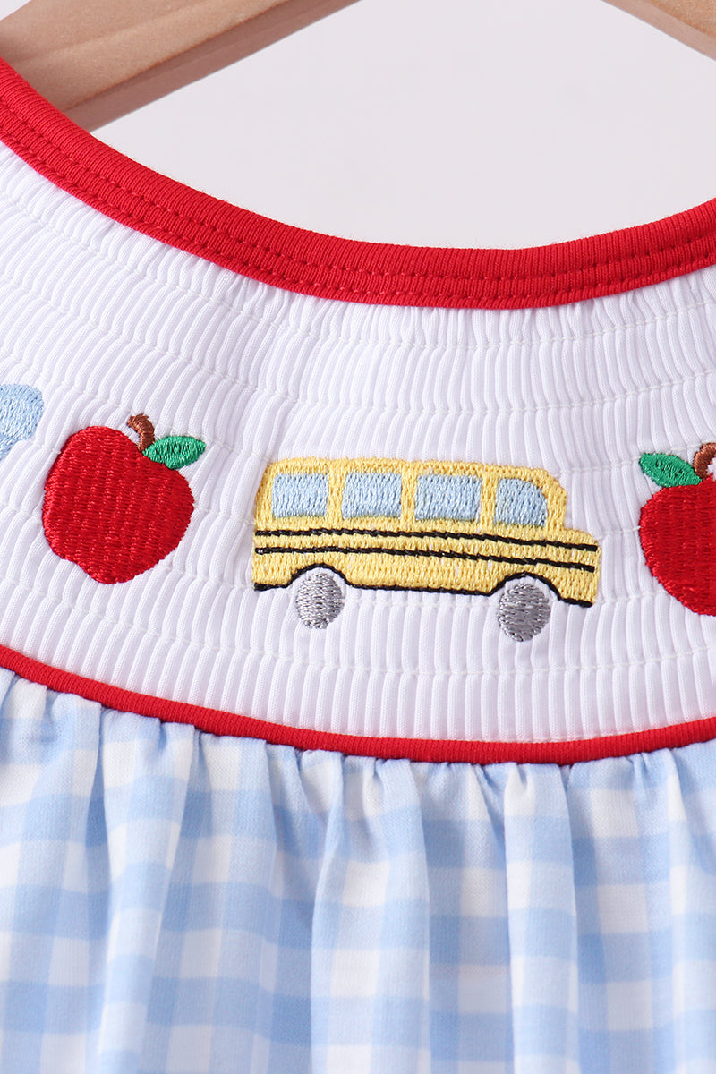 Blue School Bus Smocked Gingham Ruffle Shorts Set