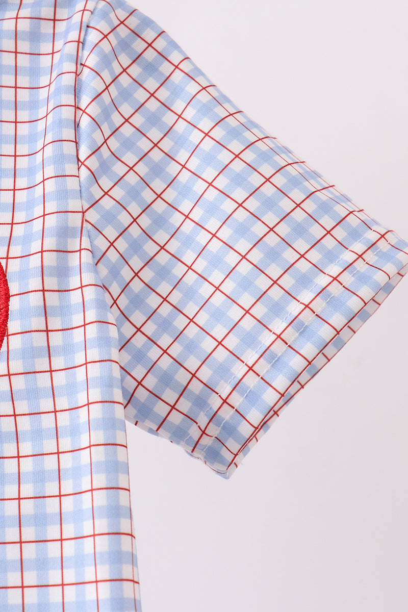 Blue Apple Embroidered Plaid Shorts Set