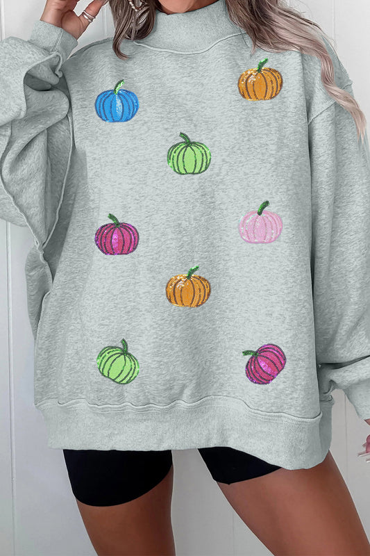 Gray Sequin Pumpkin Patch Mock Neck Baggy Sweatshirt