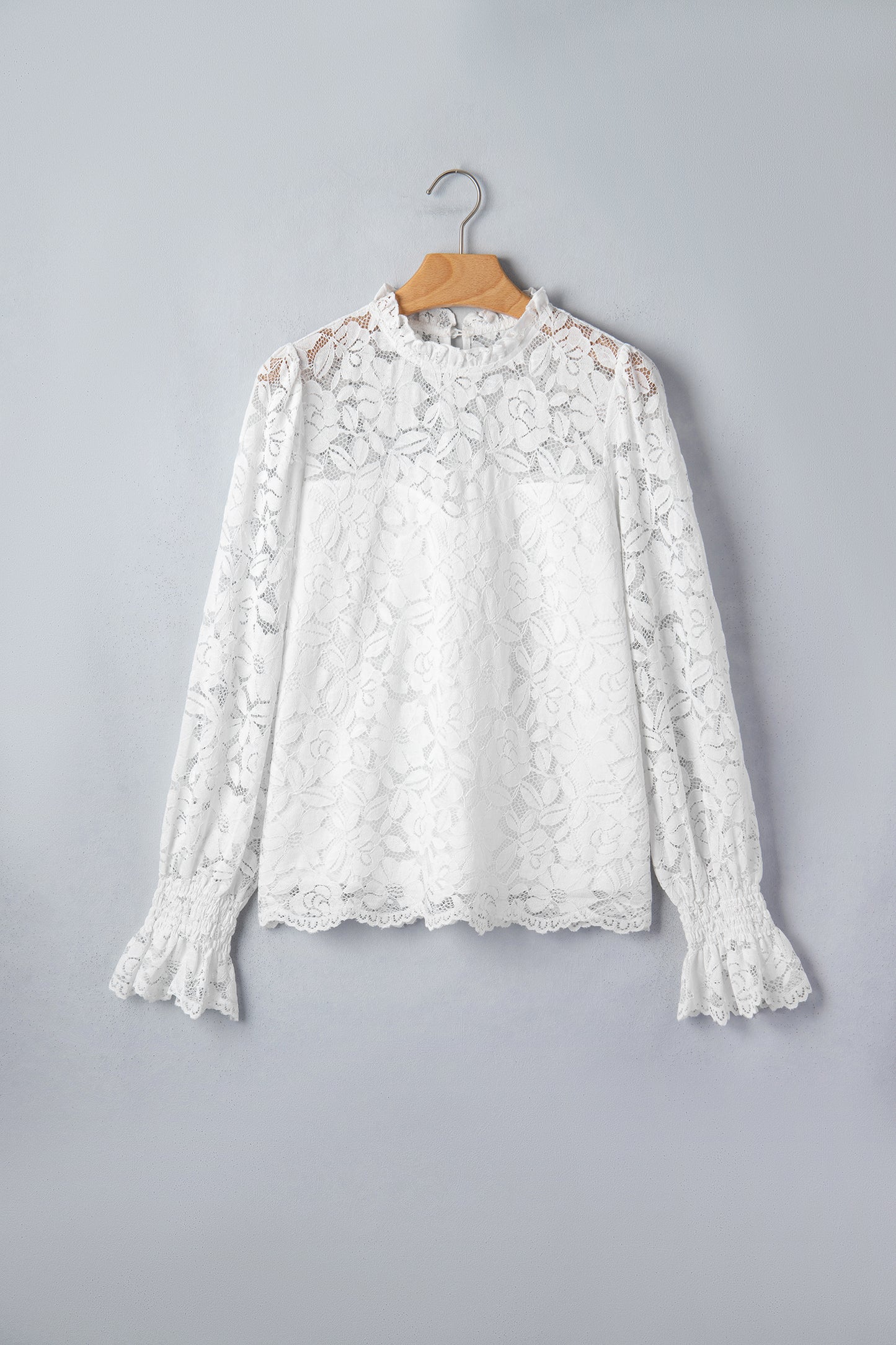 White Ruffled Round Neck Long Flounce Sleeve Sheer Lace Blouse