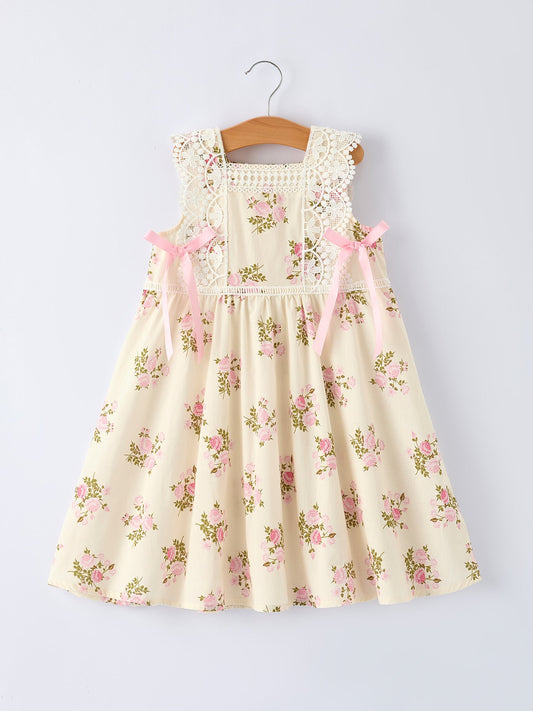 Lace-trimmed Bow Girls' Dress-Pink/Blue