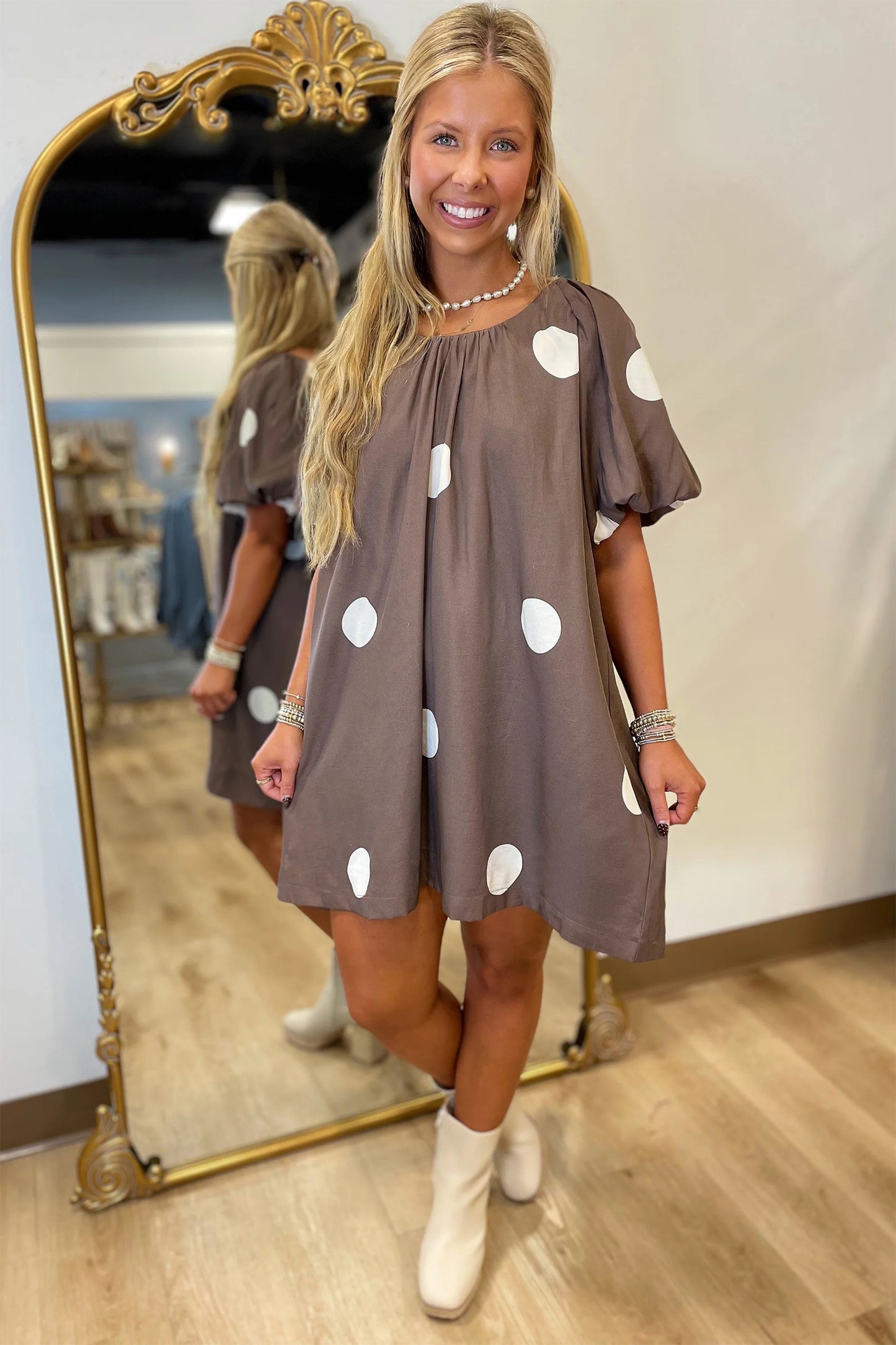 Brown Polka Dot Print Knot Back Short Puff Sleeve Loose Mini Dress