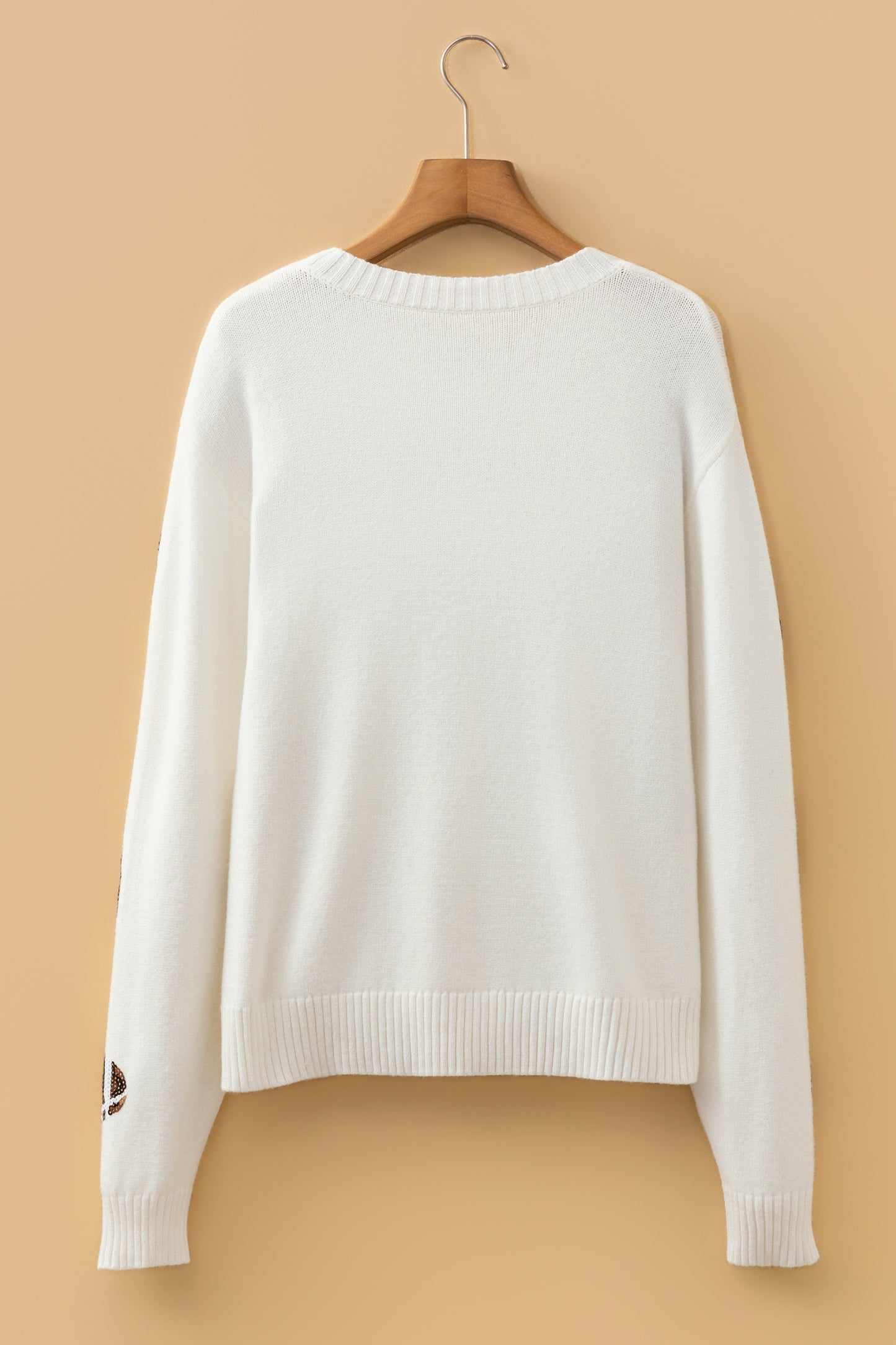 Beige Sequin Football Print Round Neck Long Sleeve Loose Fit Sweater
