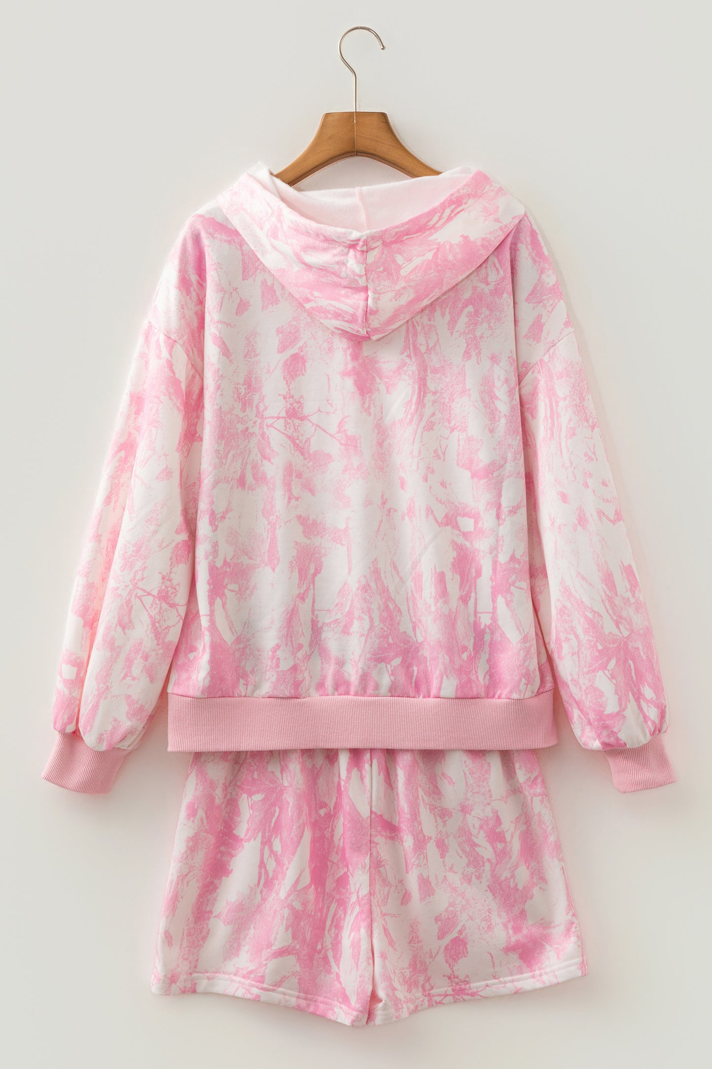 Pink Abstract Print Loose Hoodie Slim Shorts 2pcs Set
