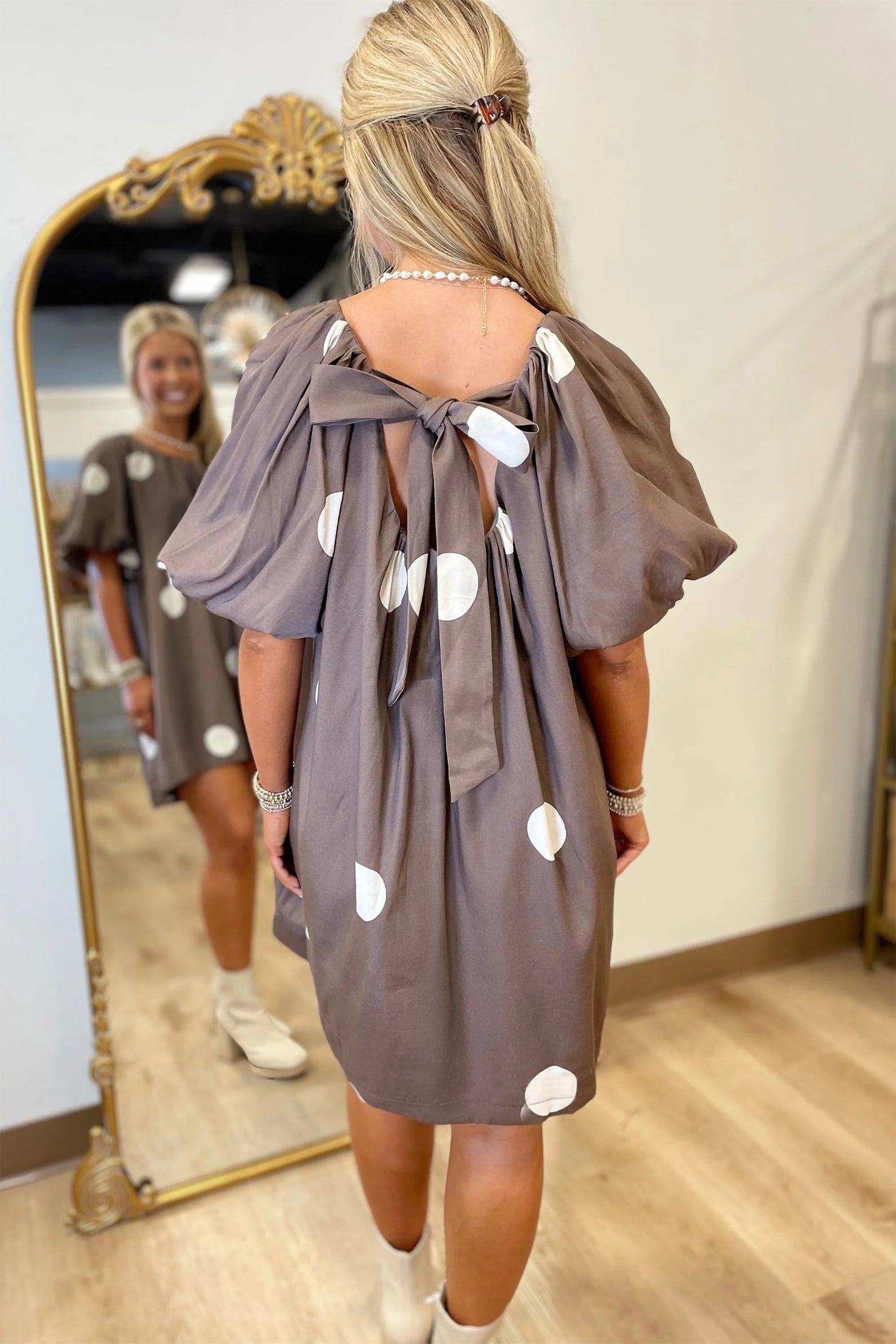 Brown Polka Dot Print Knot Back Short Puff Sleeve Loose Mini Dress