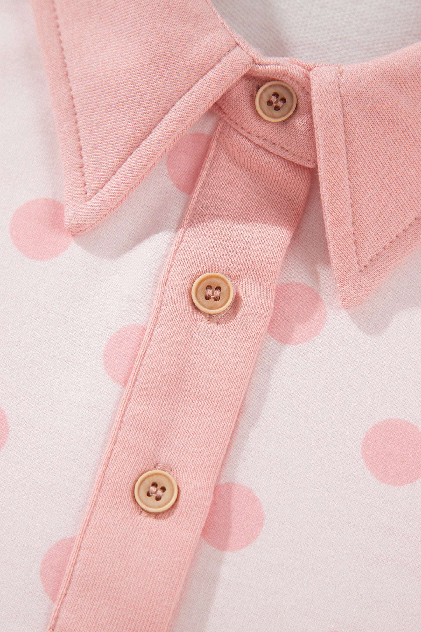 Pink Polka Dot Drop Shoulder Polo Loose Pullover Patch Pocket Casual Shorts Set