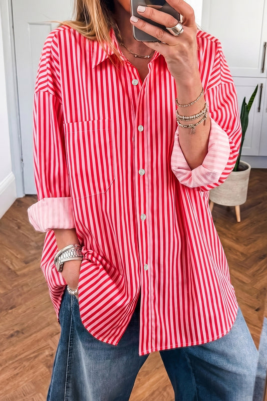 Red Stripe Button-Up Shirt Long Sleeve Patch Pocket Casual Shirt