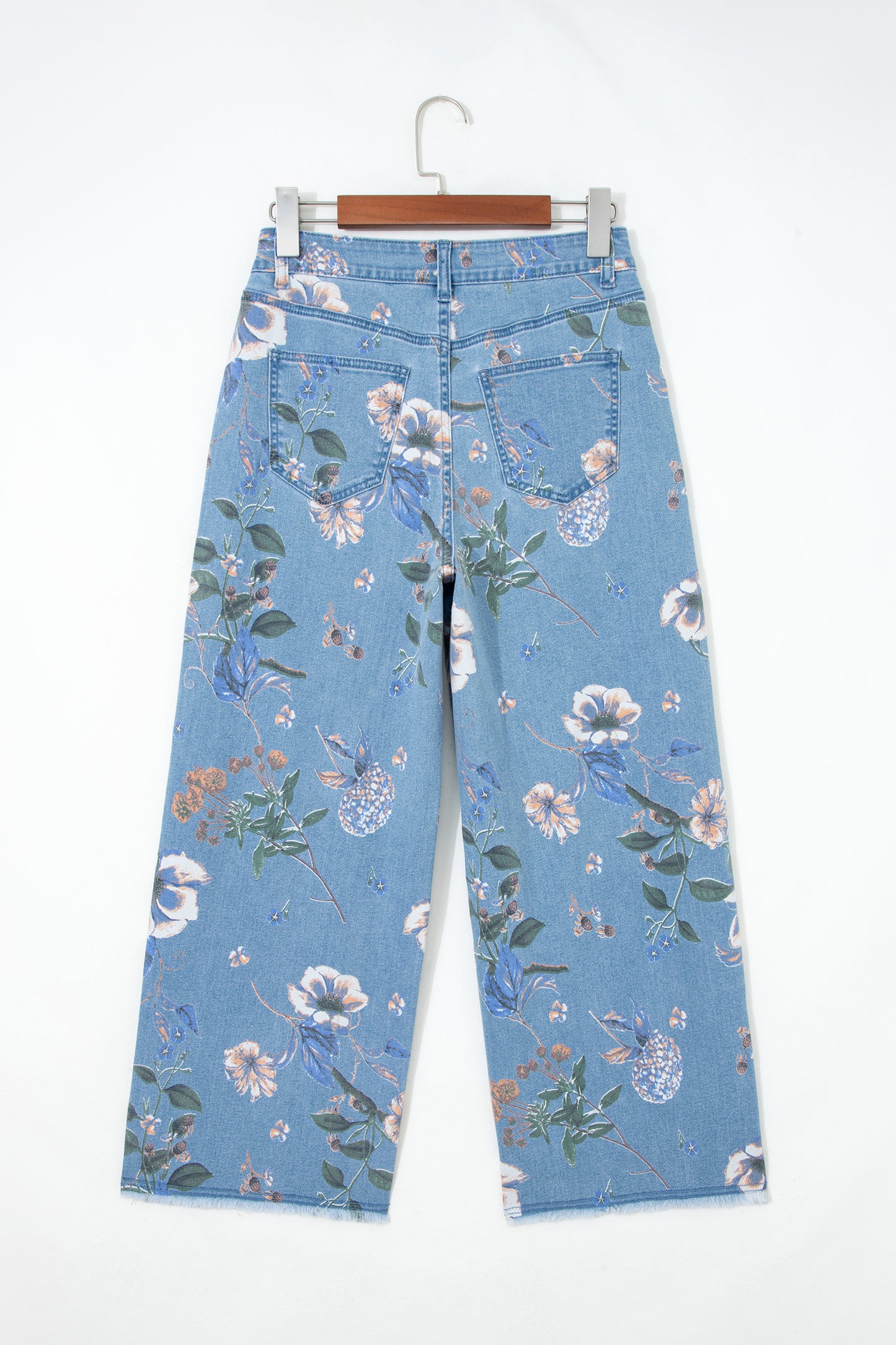 Sky Blue Retro Floral Print Frayed Hem Shift Jeans