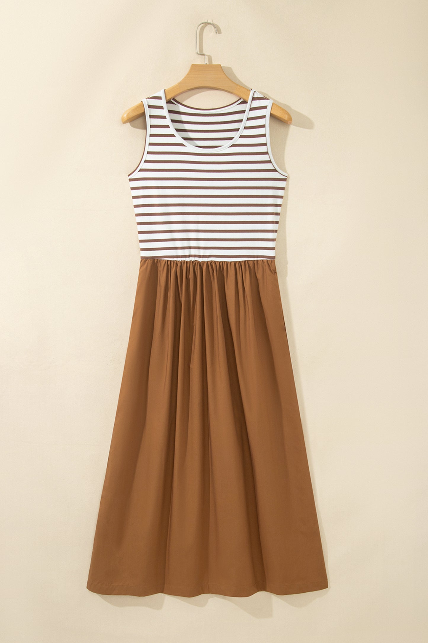 Chestnut Striped Colorblock Patchwork Sleeveless Casual Long Dress