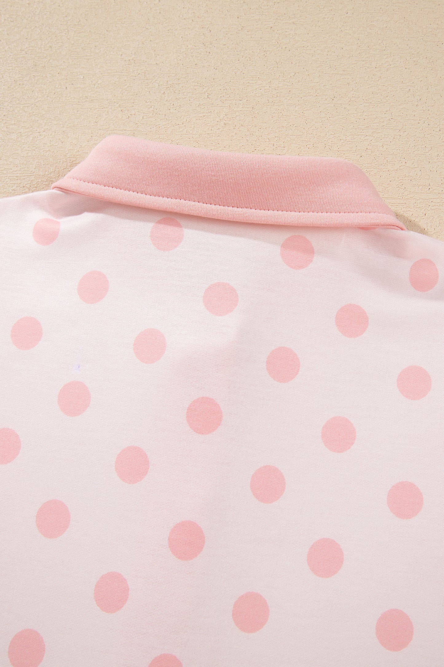 Pink Polka Dot Drop Shoulder Polo Loose Pullover Patch Pocket Casual Shorts Set
