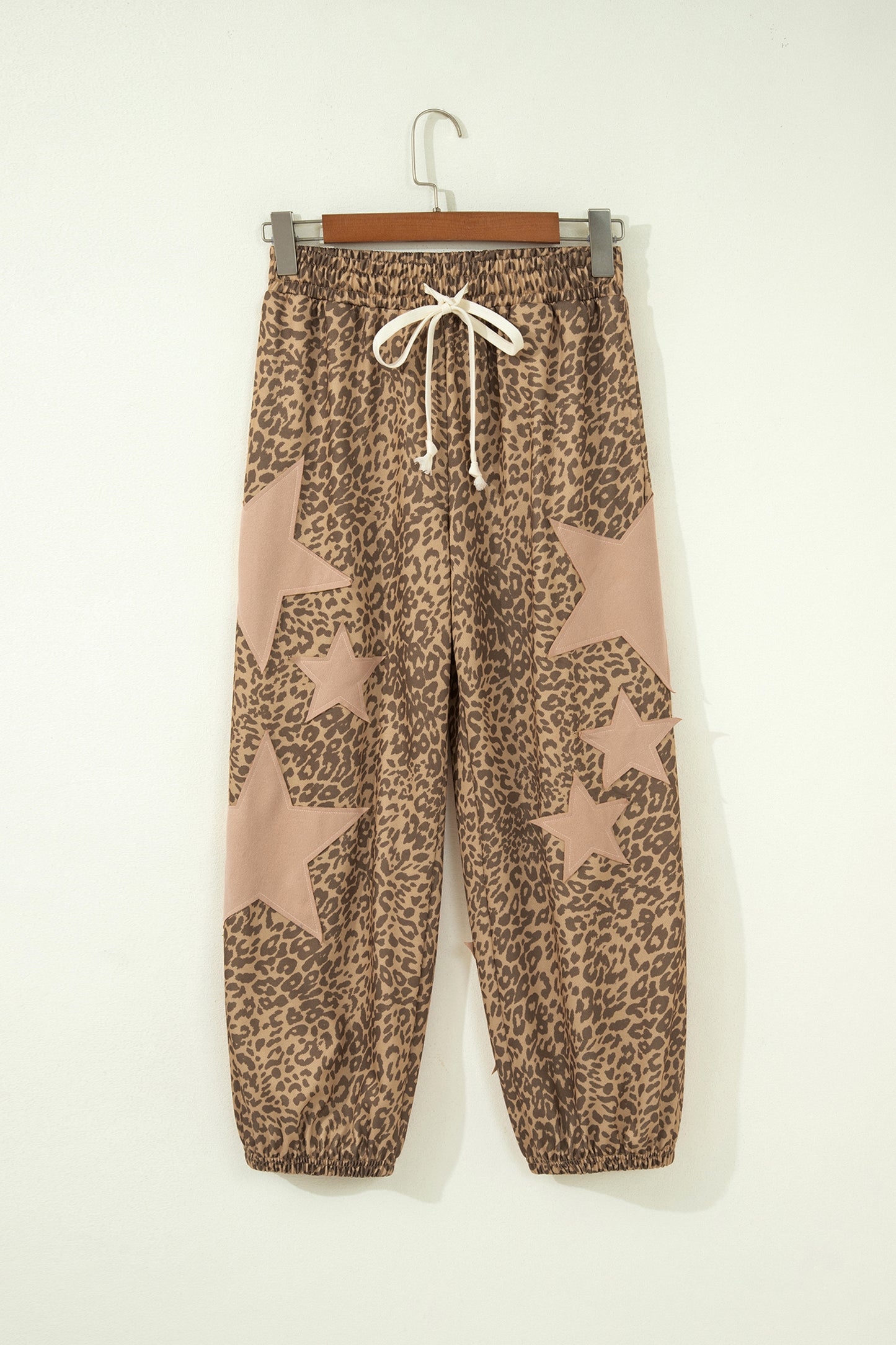 Gray Leopard Print Star Patched Drawstring Elastic Waist Jogger Pants