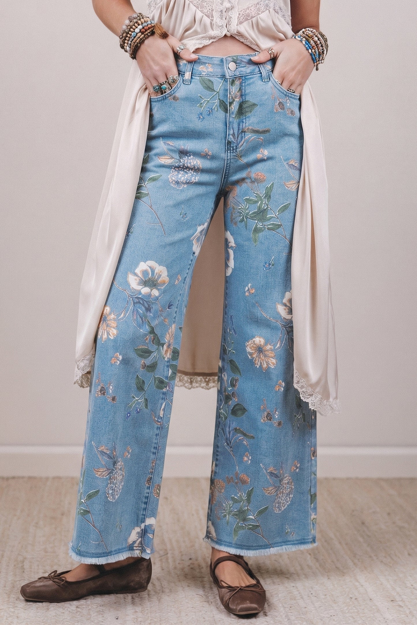 Sky Blue Retro Floral Print Frayed Hem Shift Jeans