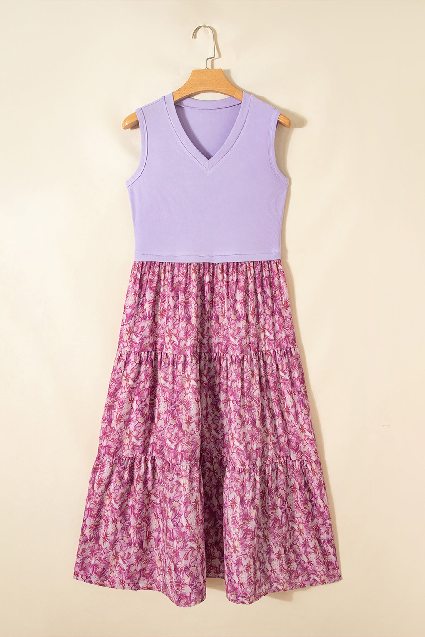 Purple Ribbed V Neck Tank Floral Contrast Patchwork Long Dress