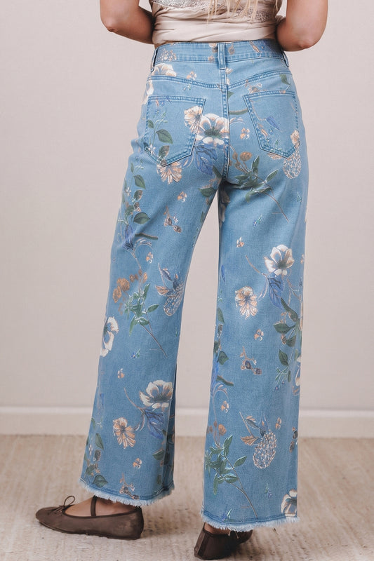 Sky Blue Retro Floral Print Frayed Hem Shift Jeans