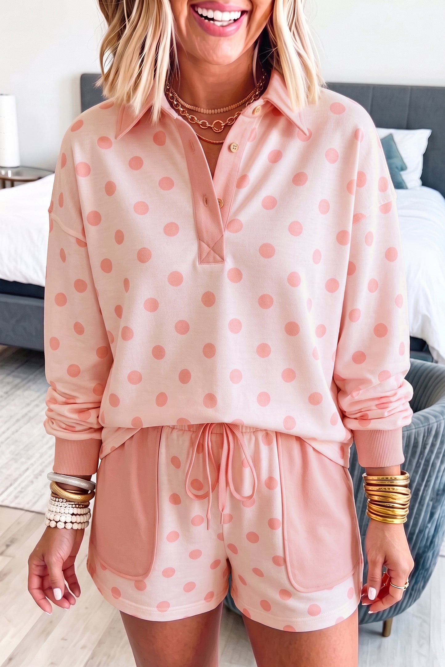 Pink Polka Dot Drop Shoulder Polo Loose Pullover Patch Pocket Casual Shorts Set