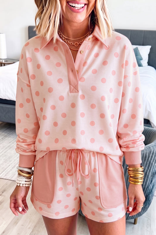 Pink Polka Dot Drop Shoulder Polo Loose Pullover Patch Pocket Casual Shorts Set