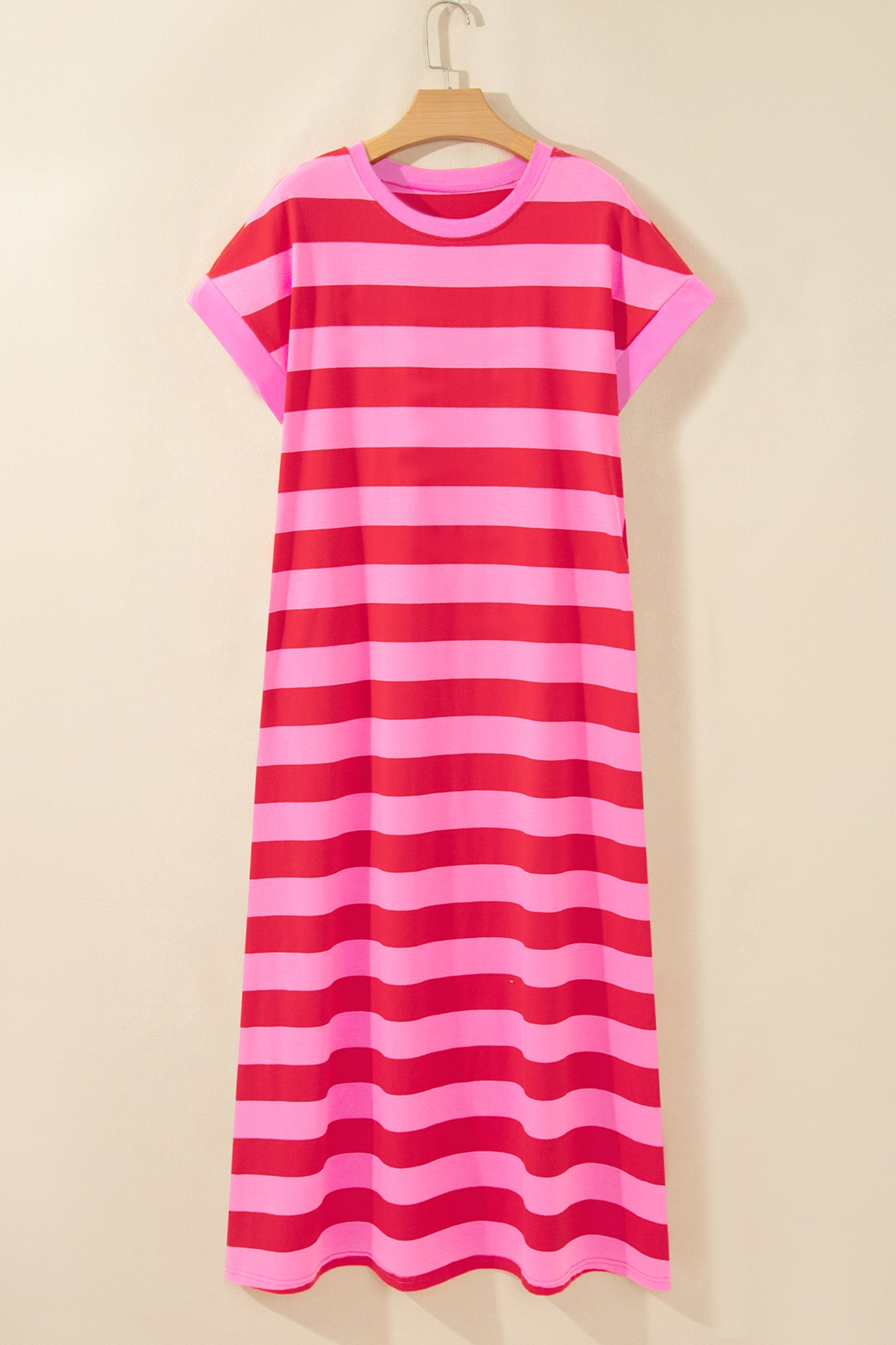 Rose Stripe Cuffed Short Sleeve Pocketed Casual T Shirt Long Dress
