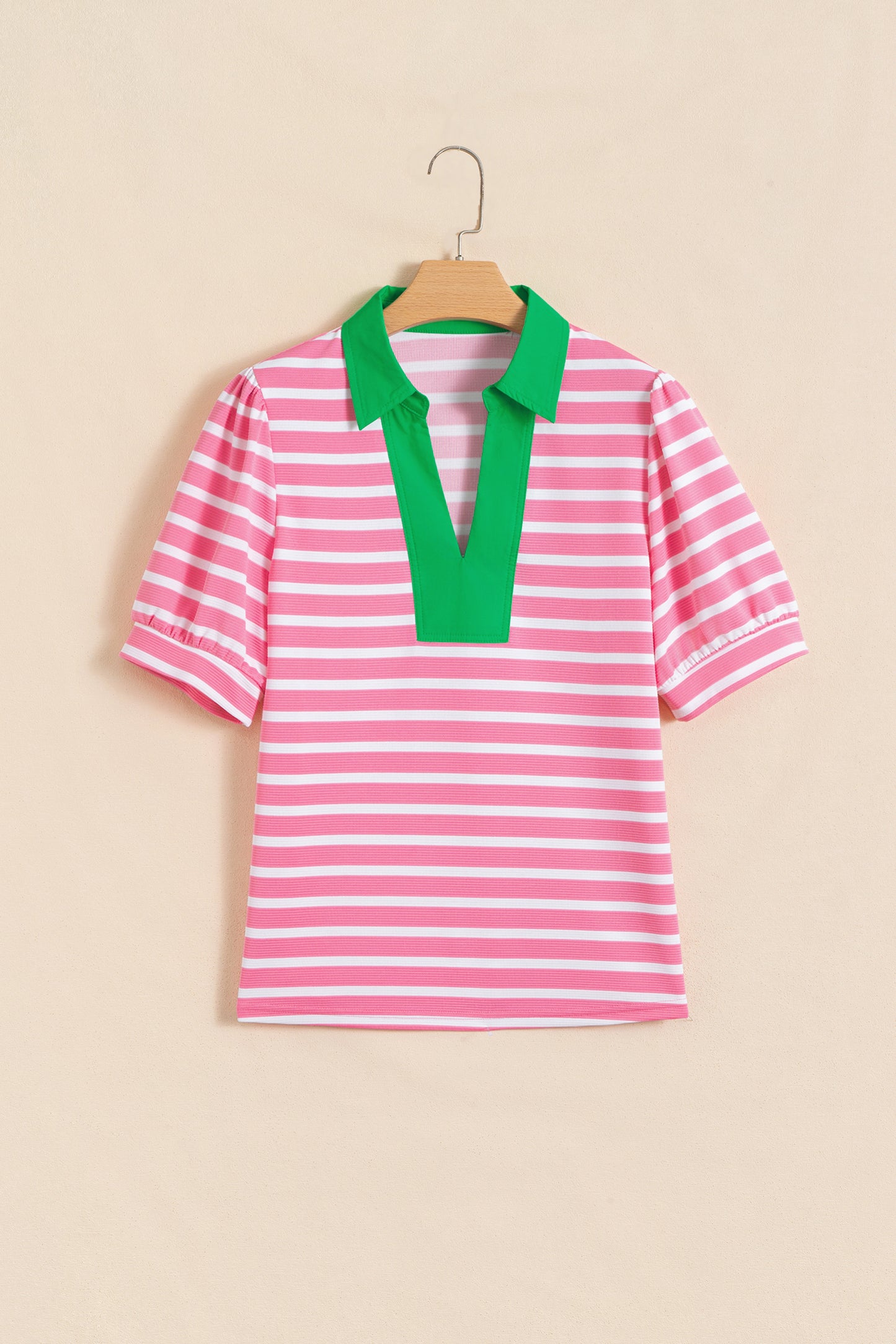 Black Stripe Short Puff Sleeve Color Block Polo Collar Blouse
