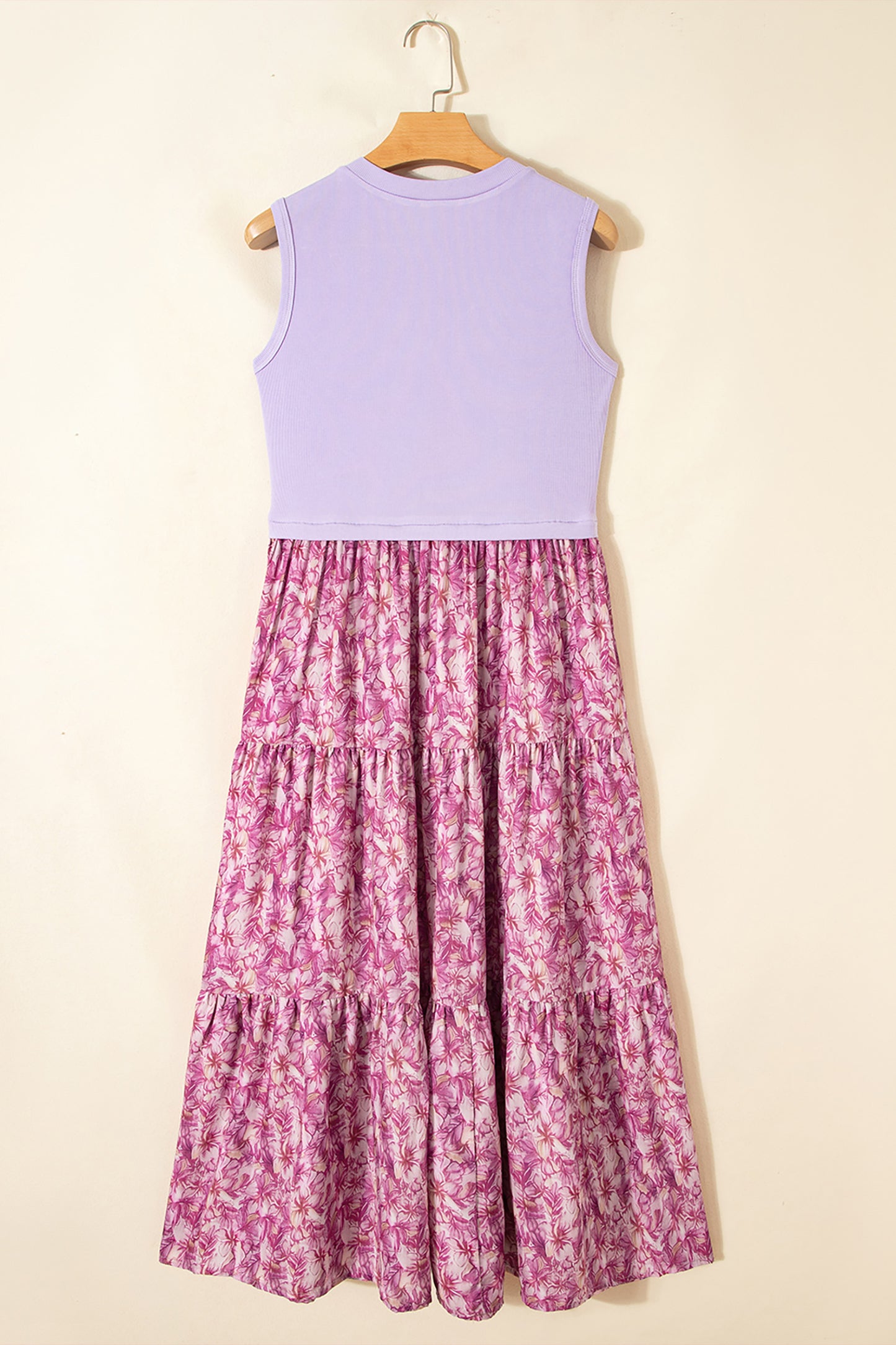 Purple Ribbed V Neck Tank Floral Contrast Patchwork Long Dress