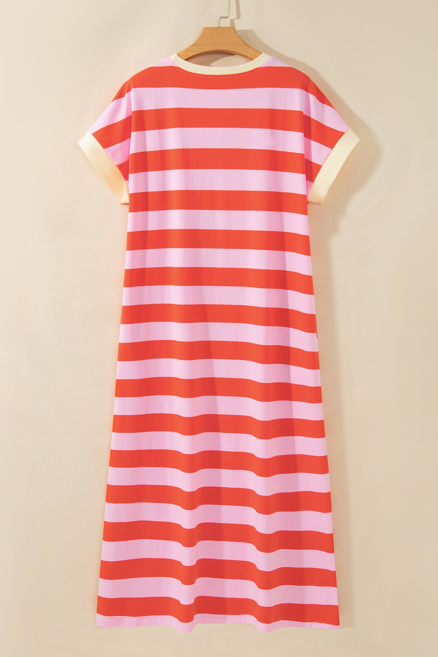 Rose Stripe Cuffed Short Sleeve Pocketed Casual T Shirt Long Dress