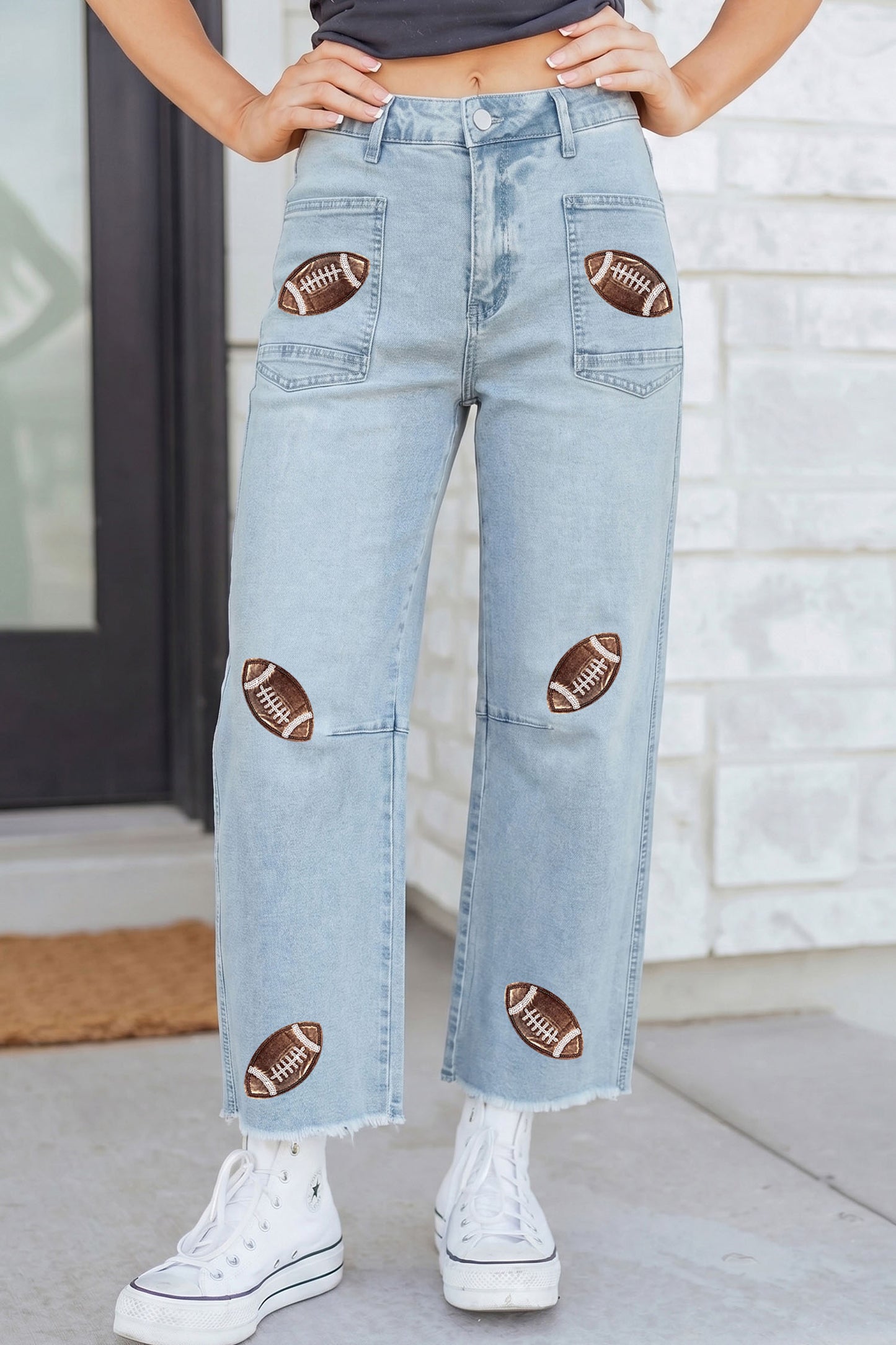 Beau Blue Sequin Detail Patched Rugby Pattern Raw Hem Shift Jeans