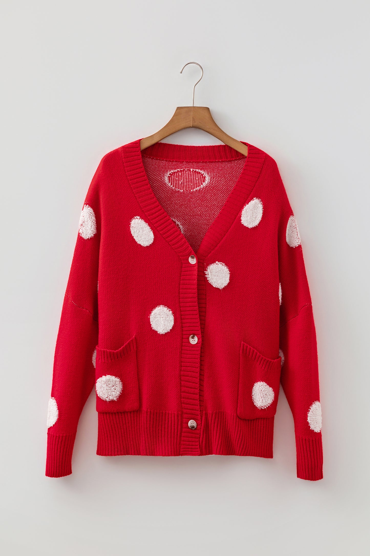 Beige Polka Dot Button Front Oversized V Neck Cardigan