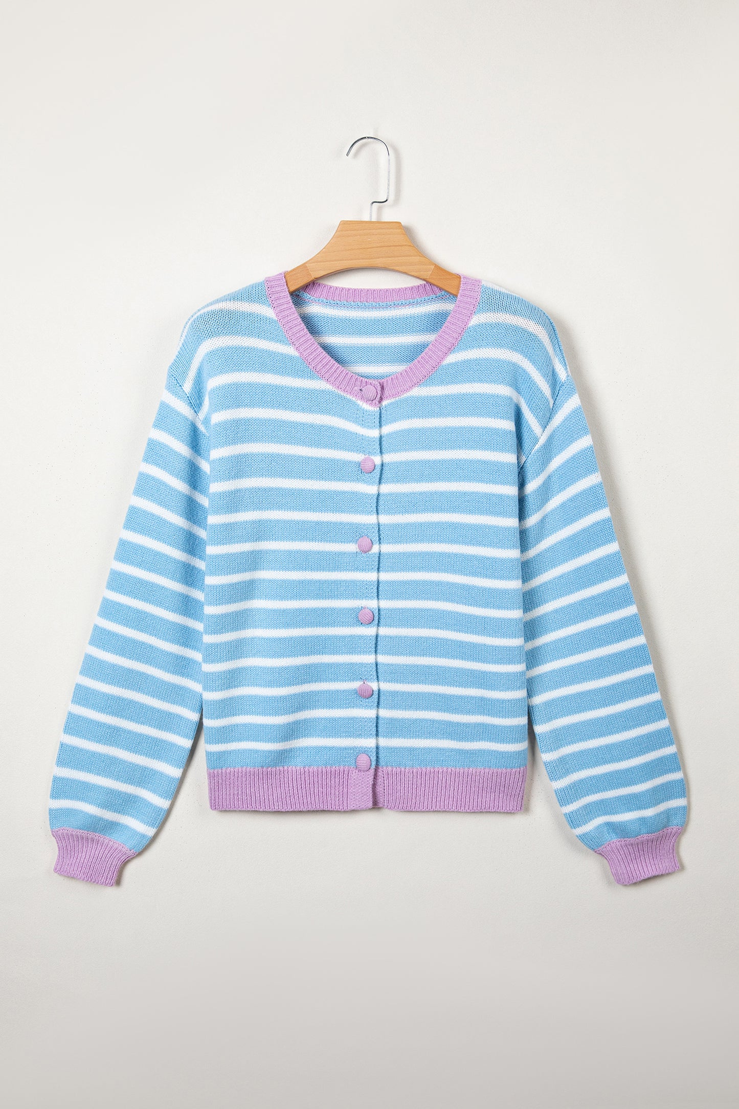 Sky Blue Stripe Striped Long Sleeve Round Neck Open Front Cardigan