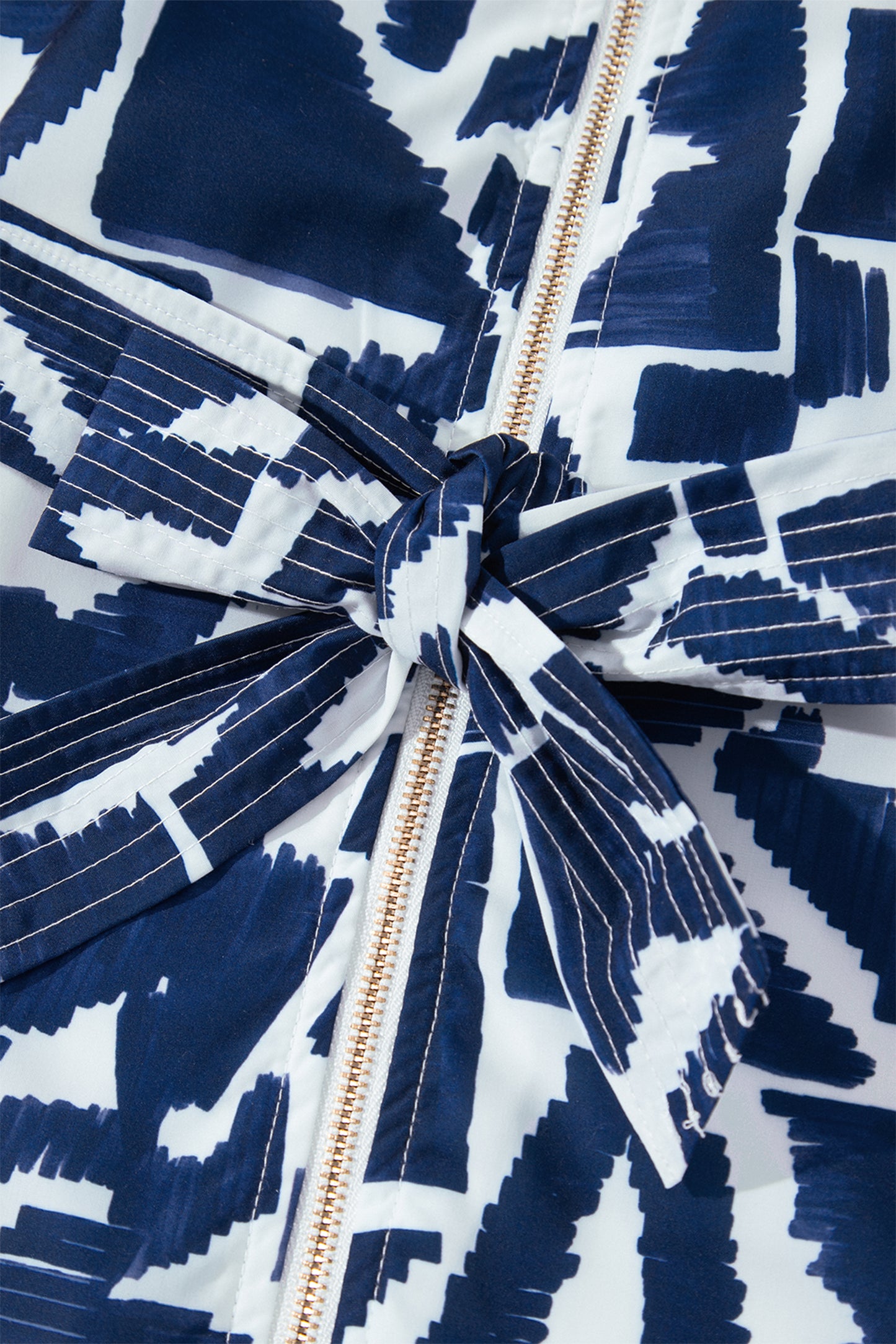 Blue Abstract Geometric Print Zip Front Tie Waist Shift Dress