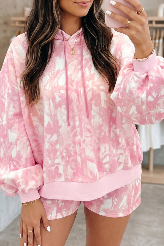 Pink Abstract Print Loose Hoodie Slim Shorts 2pcs Set