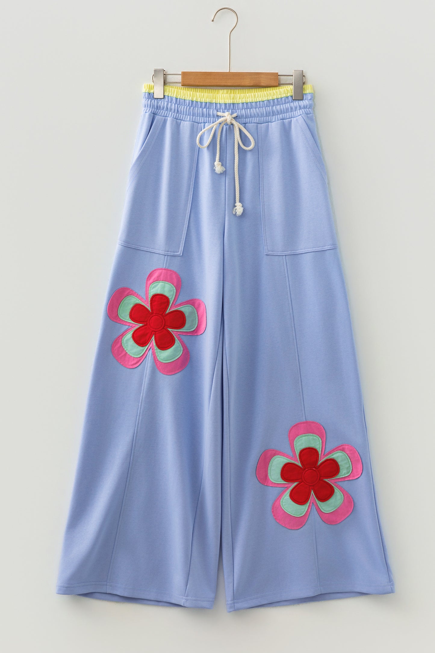 Sky Blue Color Block Flower Patchwork Drawstring Contrasted Elastic Waist Wide Leg Pants