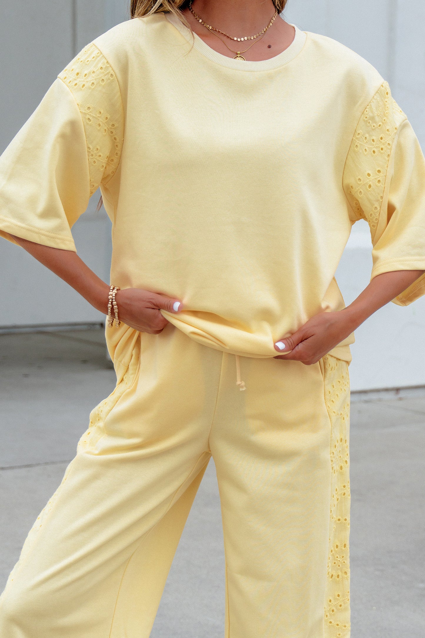 Light Green Lace Patchwork Half Sleeve Top Elastic Waist Pants Two Piece Set