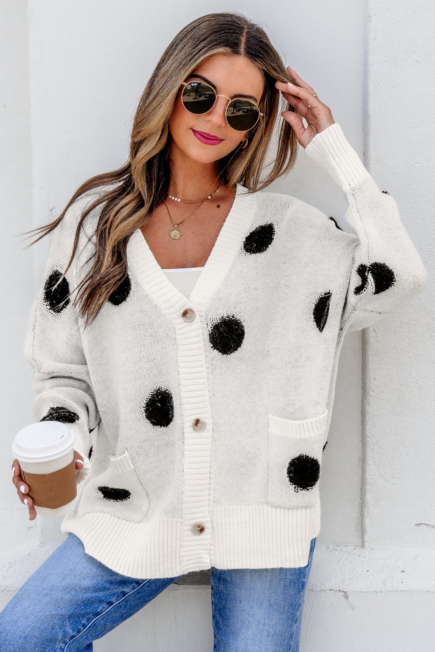 Beige Polka Dot Button Front Oversized V Neck Cardigan