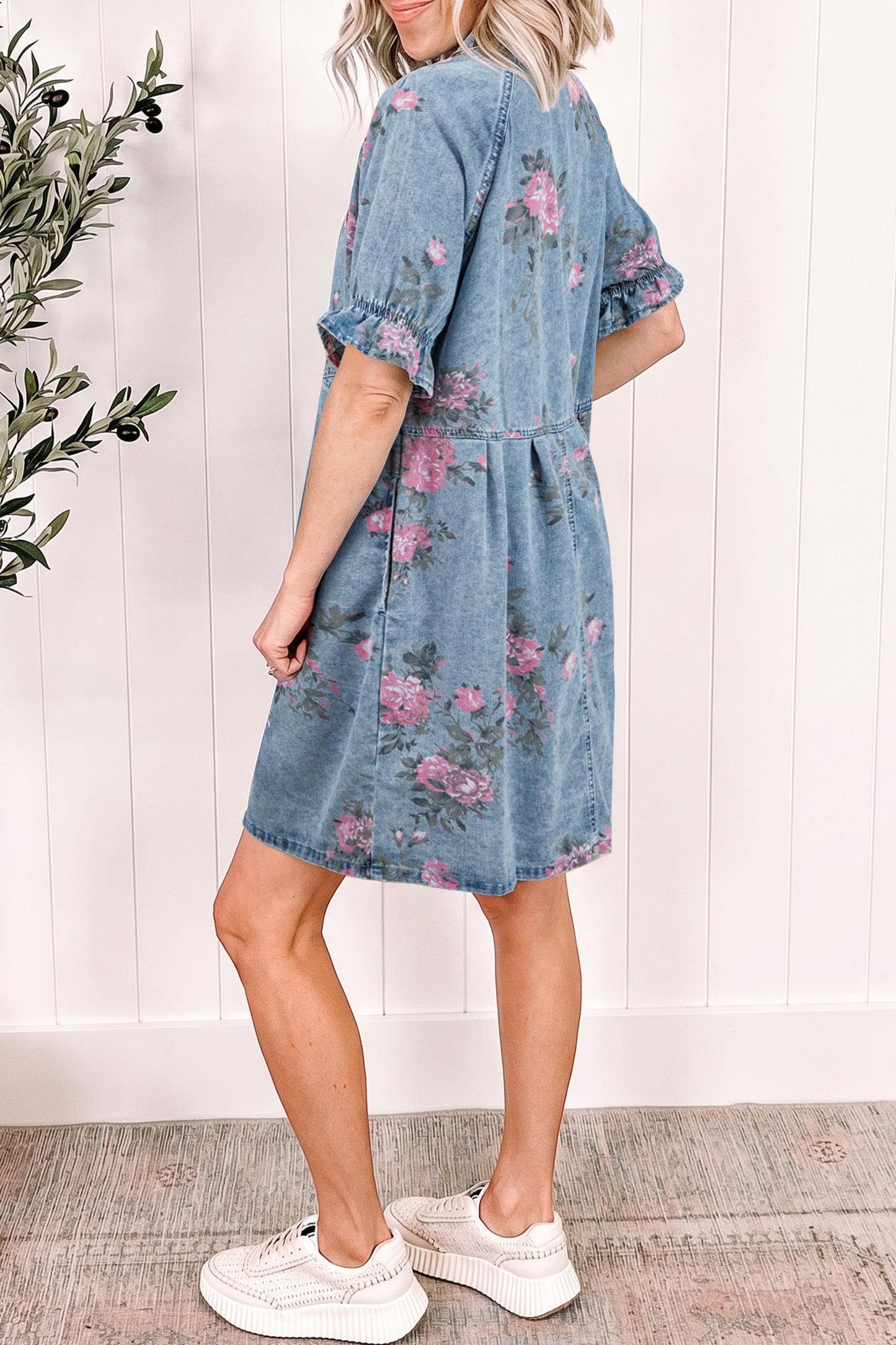 Sky Blue Floral Print Denim Short Sleeve Button Down Dress